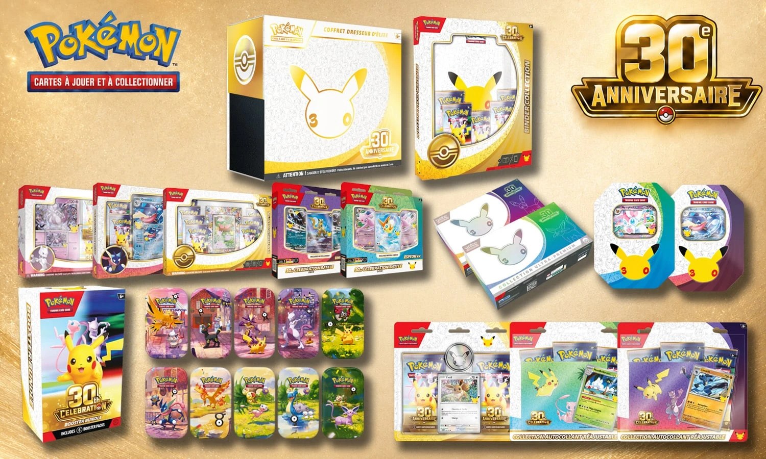 Les produits du 30ᵉ Anniversaire du JCC Pokémon : Coffret Dresseur d'Élite, collections, decks, mini-boîtes